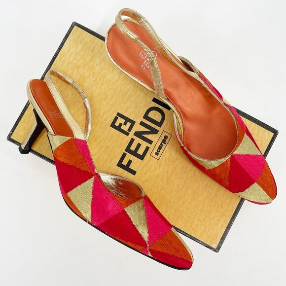 Vintage Fendi Nappa Lamé Metallic Multicolor Geometric Slingback Pump Heel US 8 - Picture 1 of 12